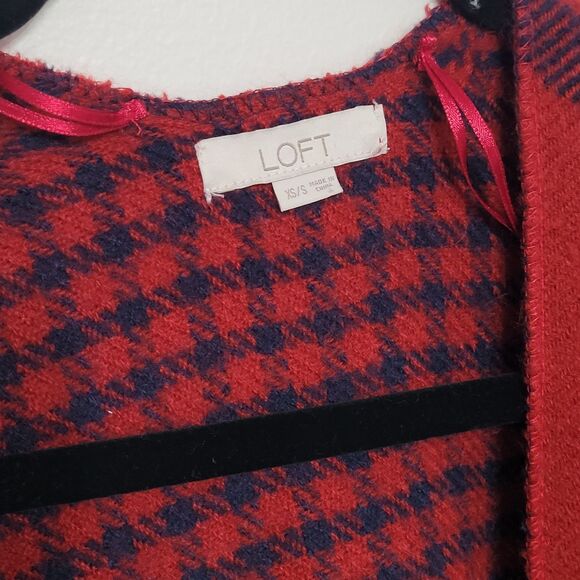 Ann Taylor LOFT Poncho Womens XS/S Red Navy Plaid Reversible Open Front Sweater - Picture 5 of 6